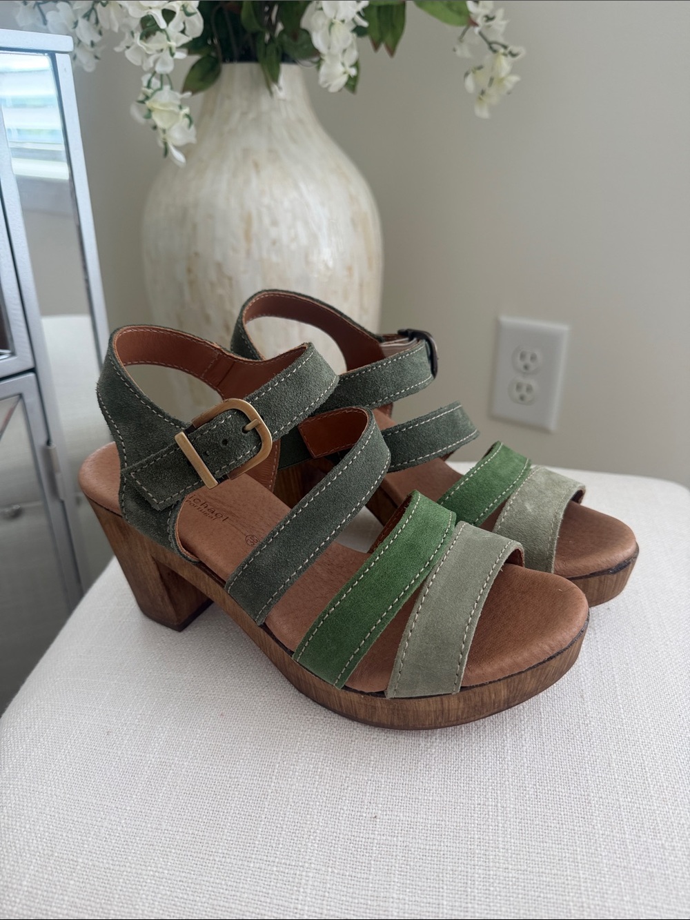 Eric Michael Multi-Green Suede Strappy Block Heel Sandals